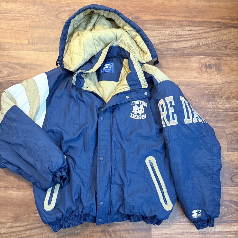 VTG 90s Starter Notre Dame Fighting Irish Puffer Jacket Navy Gold XL